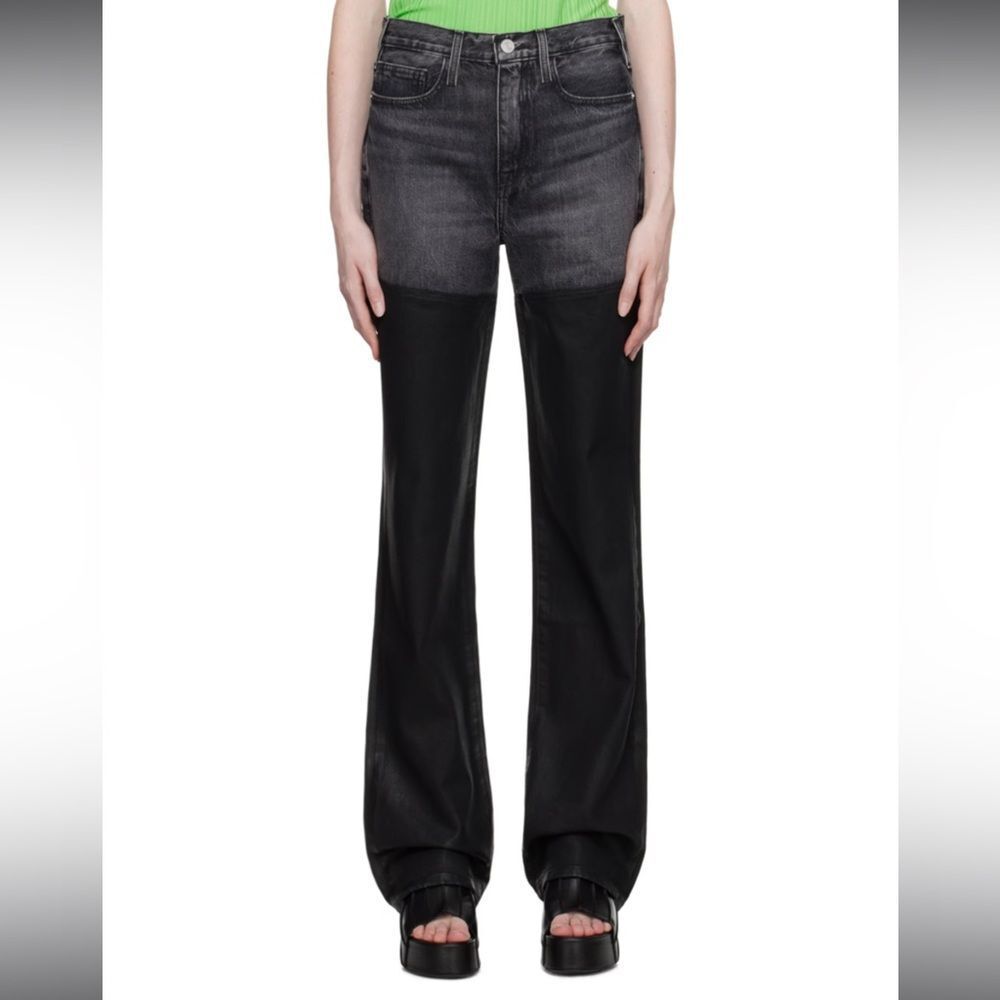 NWT Frame Women’s 27 / 28 Black Denim Partial Leather Jeans Straight Leg Le Jane
